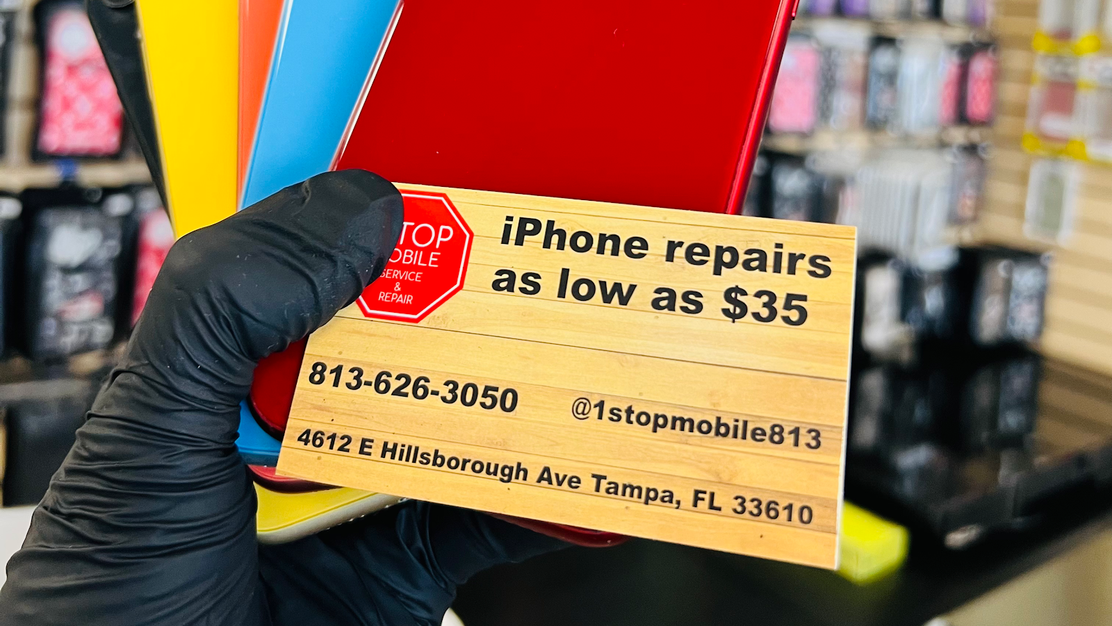 Close-up of repair parts and tools at 1 Stop Mobile