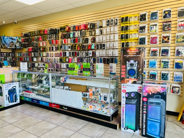 Phone accessories and cases on display at 1 Stop Mobile in Tampa